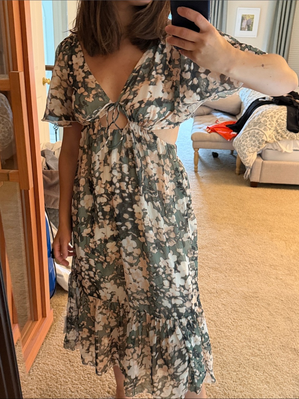 ASOS Sage Floral Cutout Midi Dress with Cream Blooms